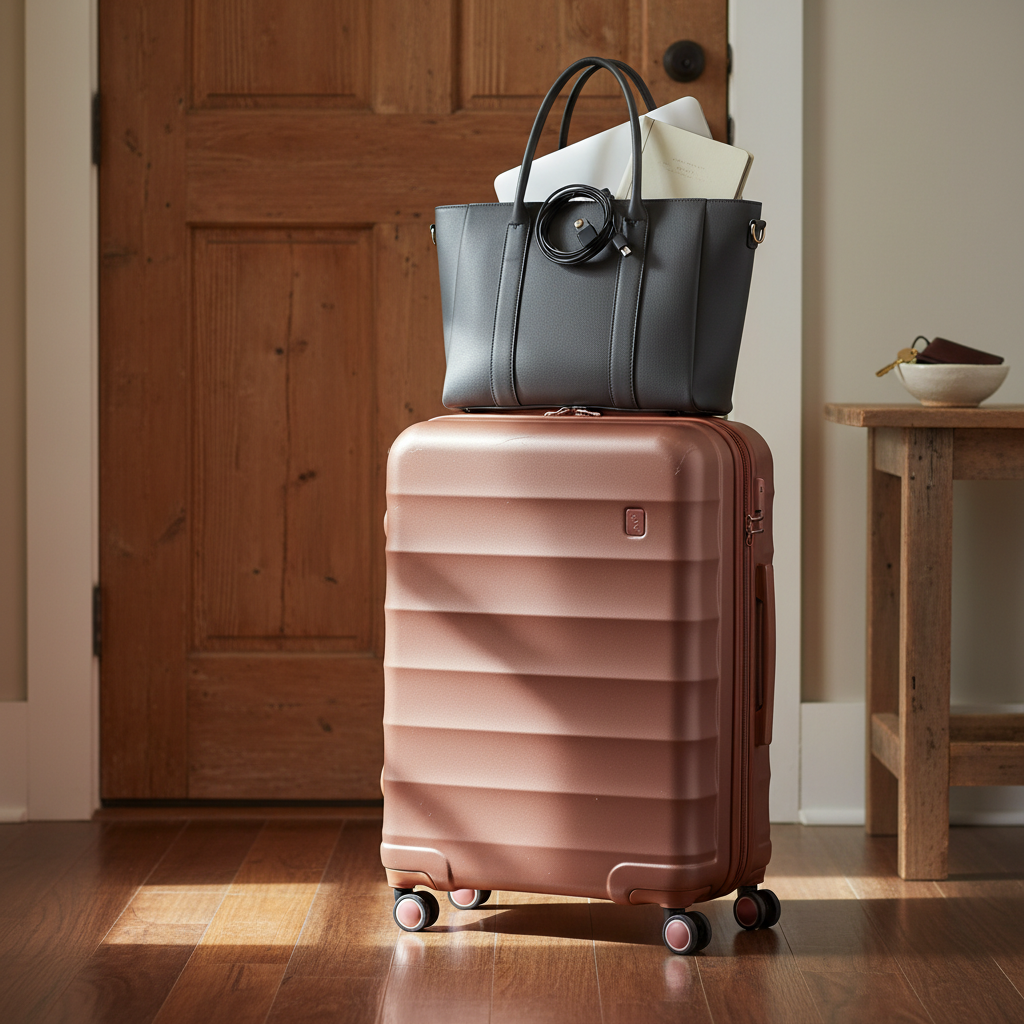 A sturdy, medium-sized rolling suitcase in muted rose gold standing upright by a front door, its textured hard shell slightly scuffed from previous trips. A structured work tote leans against it, with a laptop, travel-sized planner, and neatly coiled charging cords just visible inside. Next to the door, a small console table holds a simple ceramic bowl with a single house key and a slim leather wallet. Soft afternoon light spills in from an unseen side window, creating subtle highlights on the suitcase edges and casting a long, calm shadow toward the hallway. Photographic realism, shot from waist height with a centered composition and gentle depth of field. The atmosphere feels anticipatory and resilient, blending work, motherhood, and purposeful travel.