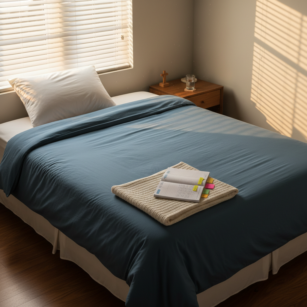 A neatly made queen bed with a single, slightly indented pillow on one side and the other side smooth and untouched, symbolizing life after divorce. The duvet is a calm slate blue, accented by a folded cream knit throw at the foot. On the nightstand stands a small wooden cross beside a glass of water and a well-thumbed planner with colored sticky tabs. Warm golden hour light pours through partially open blinds, creating bands of light and shadow across the bed. Photographic realism from a slightly elevated angle, emphasizing the empty space and quiet order. The mood is gently bittersweet yet peaceful, suggesting recovery, boundary-setting, and a new chapter beginning.