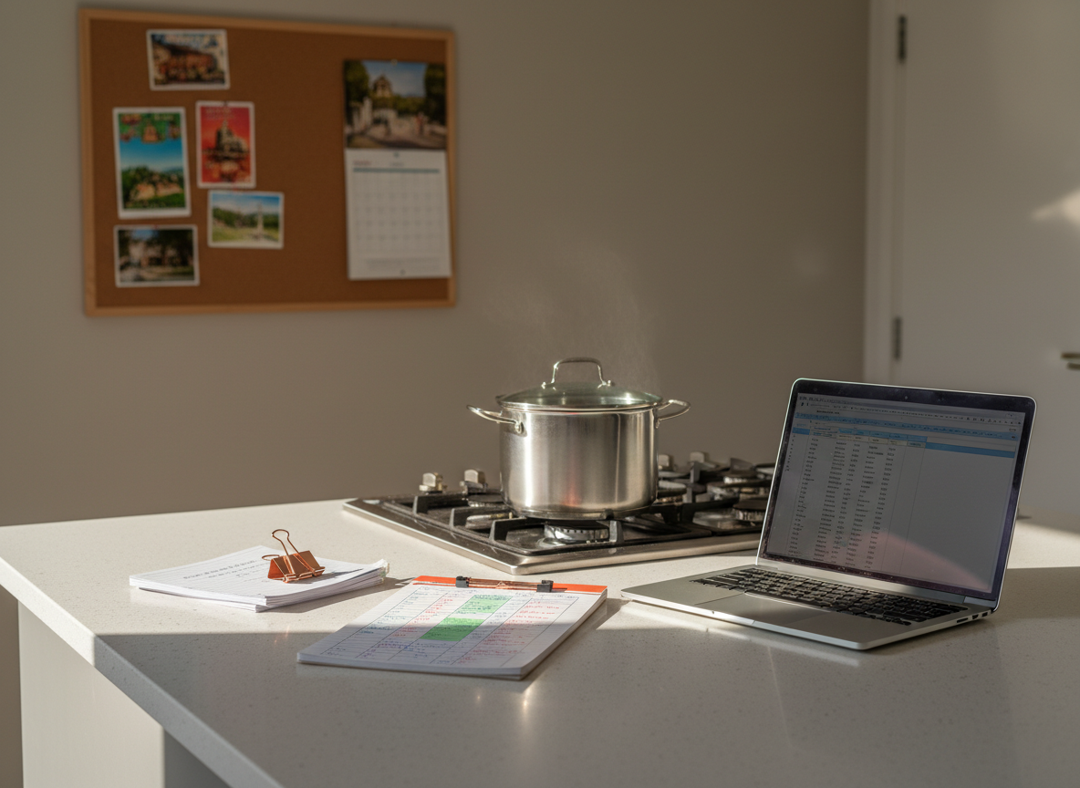 A kitchen counter scene representing single-mom work-life balance: a polished quartz island with a slim, open laptop beside a simmering stainless-steel pot on the adjacent stove. A neatly stacked pile of printed class notes is held by a copper binder clip, and a small open notebook shows color-coded to-do lists. In the background, a simple corkboard on the wall features pinned travel postcards and a discreet calendar without readable text. Late afternoon light streams through an unseen window, creating soft highlights on metal surfaces and warm reflections on the countertop. Photographic realism from a slightly elevated angle, using rule-of-thirds composition. The mood is focused yet warm, conveying a life being thoughtfully rebuilt amid everyday tasks without showing any people.