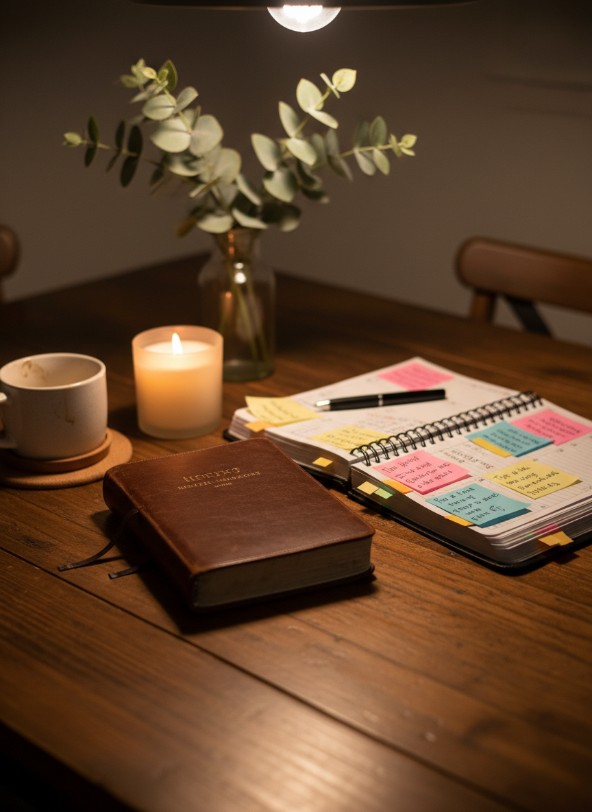 A dining table transformed into a planning and prayer space, featuring a well-used leather-bound Bible resting open beside a spiral-bound planner filled with colorful sticky notes and a capped pen. A scented candle in a frosted glass holder flickers nearby, its flame casting a gentle glow on the wood grain. An empty ceramic mug sits on a cork coaster, faint coffee ring visible. In the background, a simple vase holds eucalyptus branches, softly blurred. Evening lamplight from above casts warm, intimate illumination with soft shadows radiating across the table. Photographic realism at eye level, with shallow depth of field focusing on the Bible and planner. The mood is reflective, hopeful, and organized, evoking faith-based intentionality in single motherhood without showing any human presence.