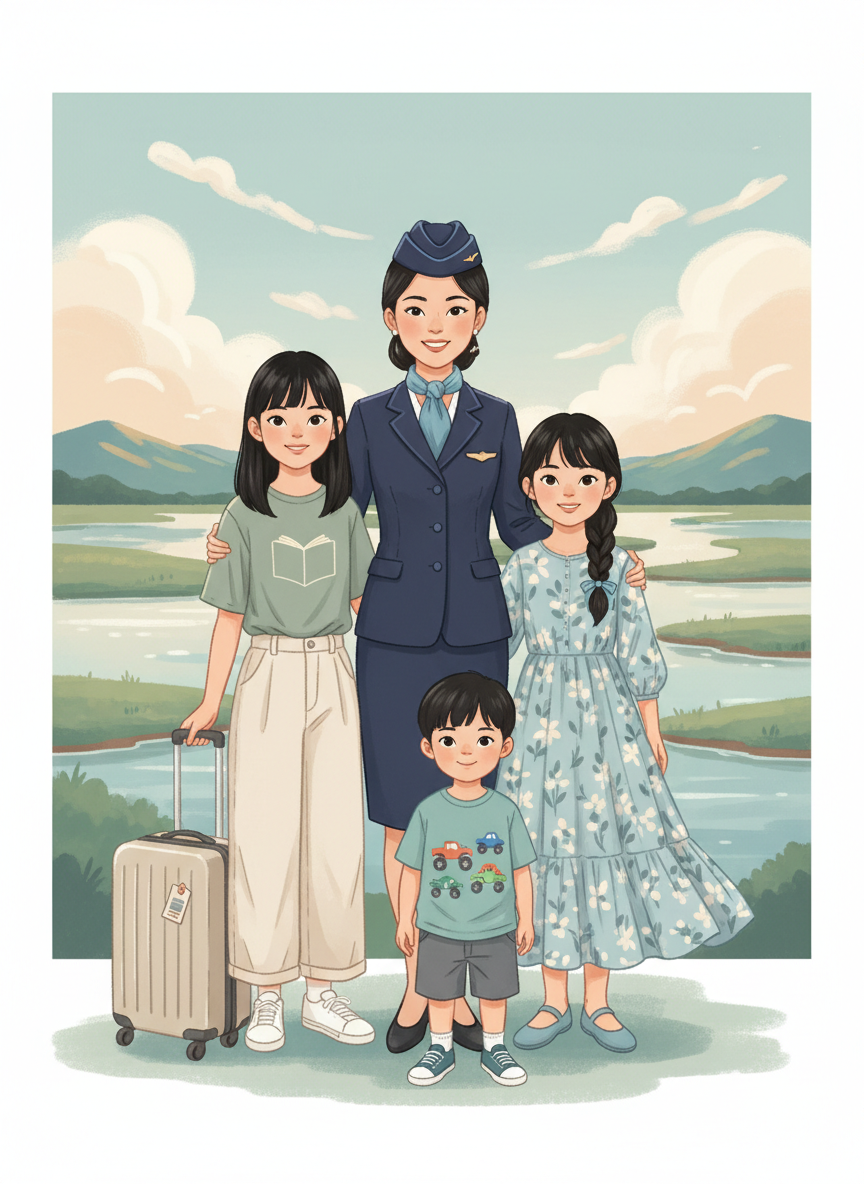 Cindy and her three kids with a suitcase - family travel avatar